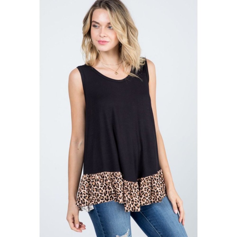 ANIMAL PRINTED FABRIC CONTRAST RUFFLE TANK TOP - Picture 4 of 8